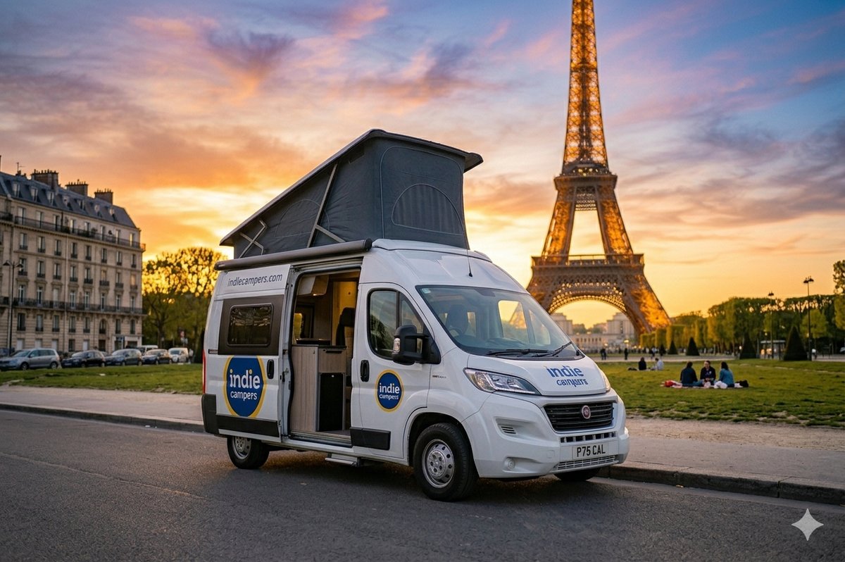roadsurfer van at the Eiffel Tower